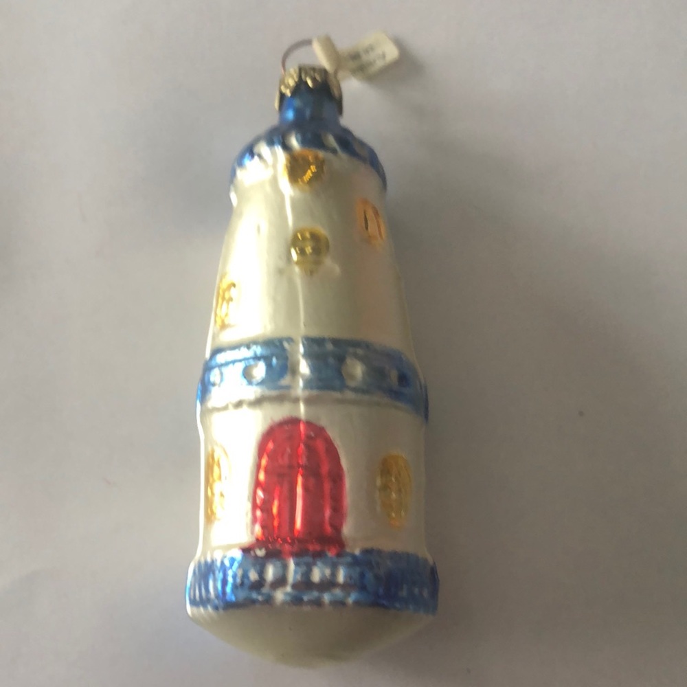 Lighthouse German made ornament/ blue and white/ gold and blue trim/red door